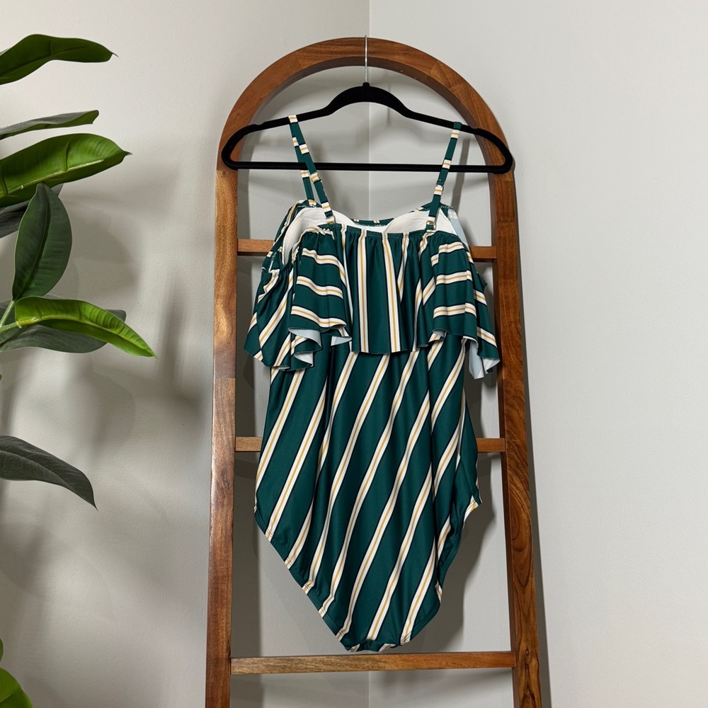 ModCloth 1X Green White Ruffle Striped Off The Shoulder One Piece Bathing Suit - Picture 3 of 9